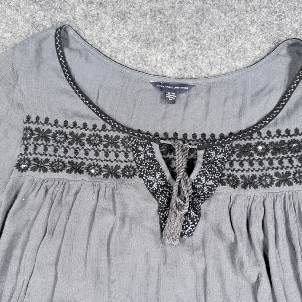 American Eagle Gray Embroidered Peasant Blouse Bell Sleeve Tassel Top XL - Picture 2 of 13